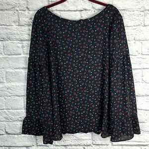 Ann Taylor Loft Black Blue Red Floral Blouse Wide Sleeve Size Medium